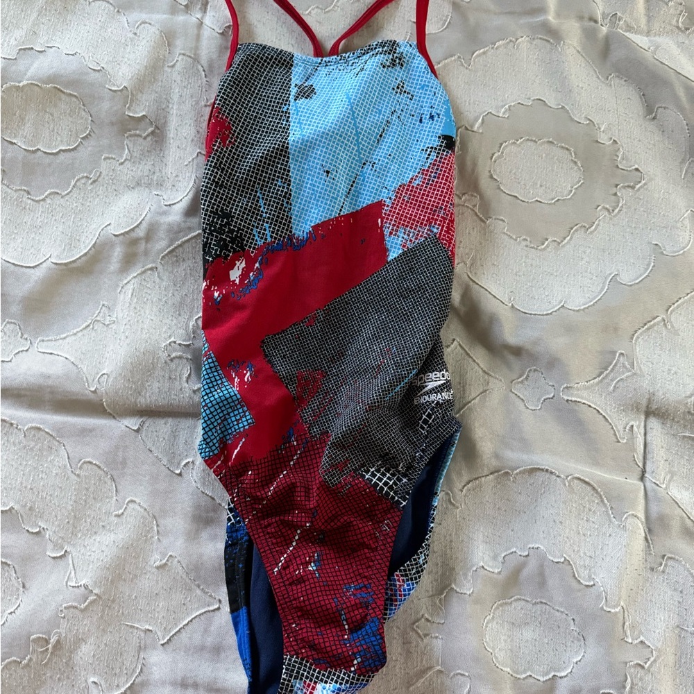 Speedo Endurance Red and Blue Patterned Swimsuit Size 26